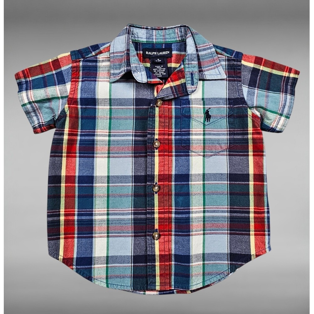 Vintage Y2K Ralph Lauren Pony Baby Boy Plaid Short-Sleeve Button Shirt 6-12M
